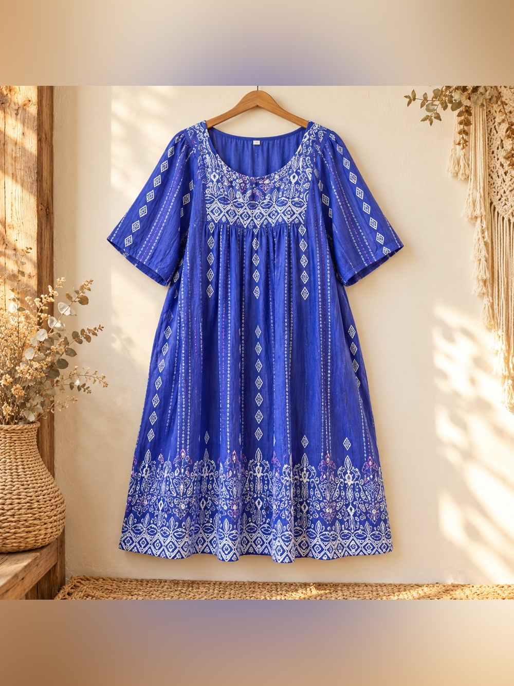 Only Necessities Dress Womens 26/28 Blue Rayon Boho Geometric Print Tunic